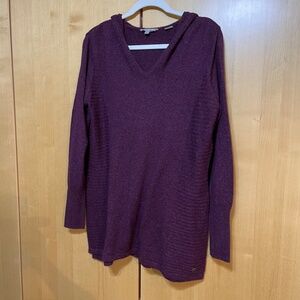 V-Neck Hoodie Sweater Purplish Red Tunic Length Wool Blend Size L